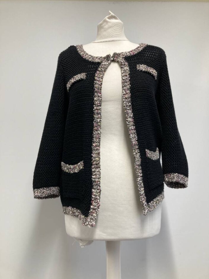 M&s Boucle Trim Knit Cardigan  Black Size: 14