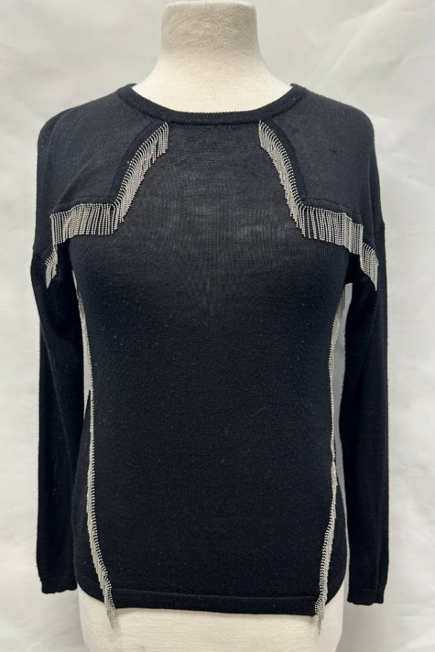 Maje  Silver Beaded Fringed Jumper Black & Silver  Size: S