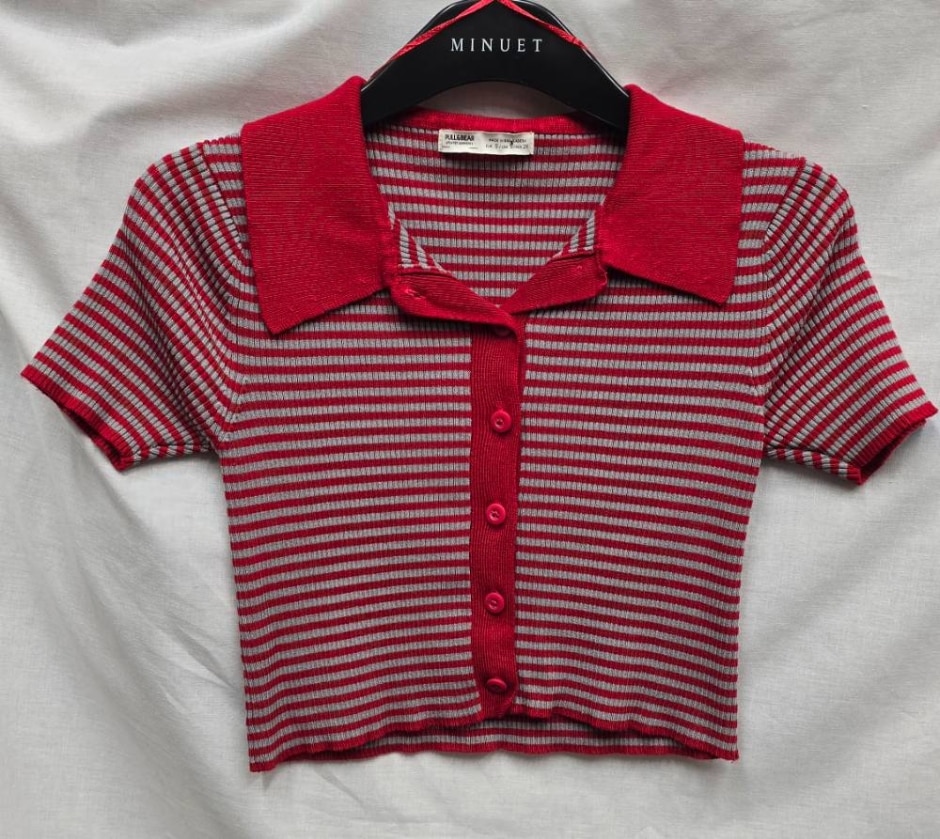 Pull & Bear Striped Crop Top Red & Silver Size: 8