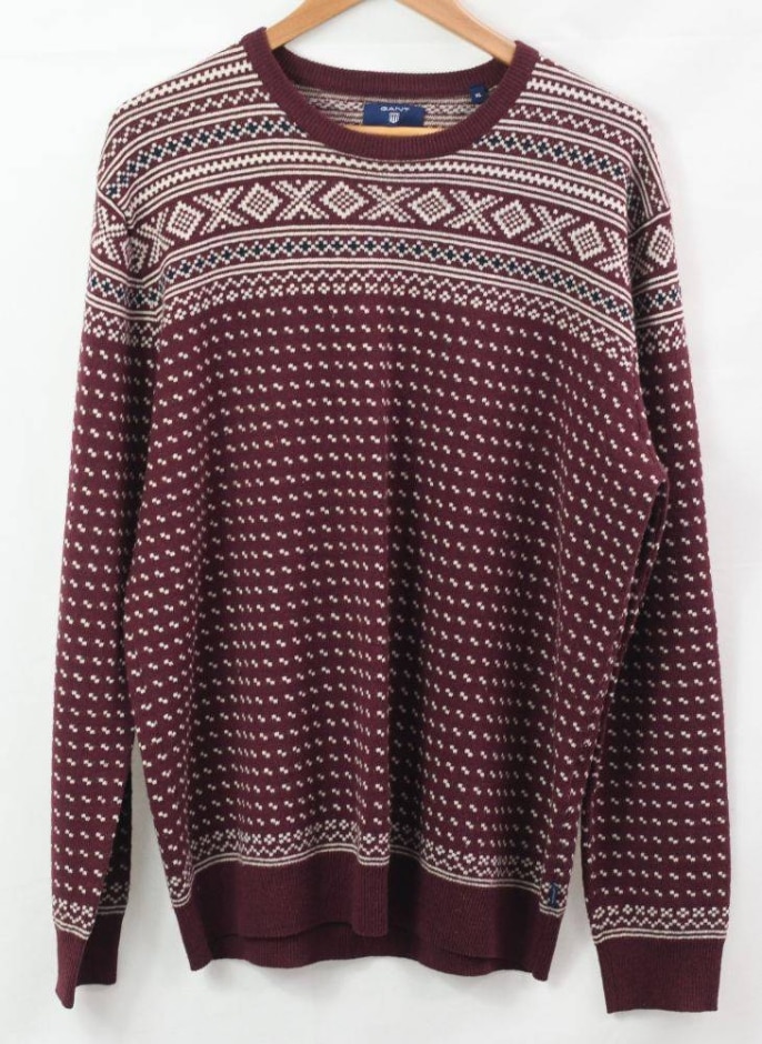 Gant Lambswool Patterned Jumper Maroon Size: Xl