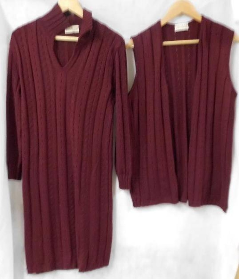 Miss Tricot Knitted Dress Set Burgundy Size: L
